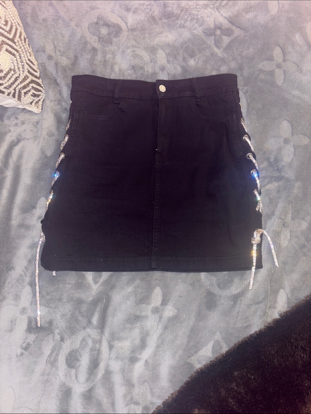 Black Denim Rhinestone Lace-Up Mini Skirt size M